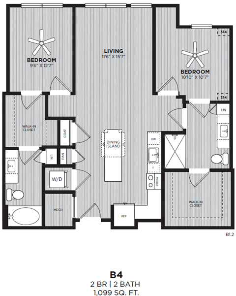A black and white image of a 2 bedroom, 2 bathroom apartment.